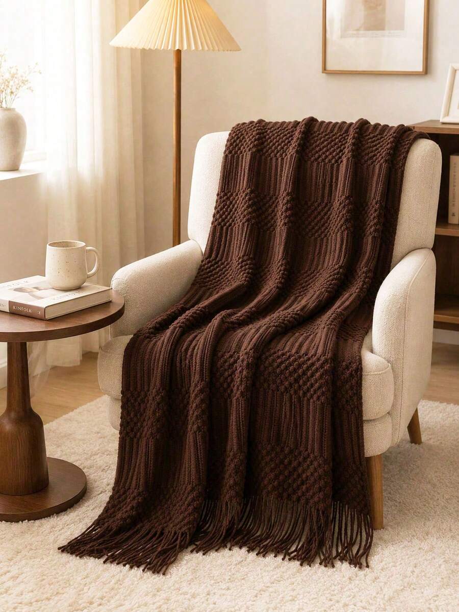 1pc Solid Color Knitted Blanket, Nordic Style Tassel Design Soft Blanket, Office Nap Blanket, Bed Cover, Sofa Throw, Suitable For Daily Use - Bubble Towel Coffee - View 1