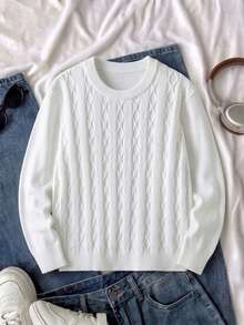 Boys' College Style Solid Color Cable Knit Crew Neck Long Sleeve Pullover Sweater, Suitable For School, Daily Casual Wear, Spring, Autumn, Winter - White - View 3