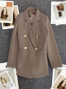 Spring/Summer Women's Solid Color Long Sleeve Double-Breasted Blazer, Notch Collar | Suitable For Dating, Parties, Outings And Holiday Celebrations - Khaki - View 9