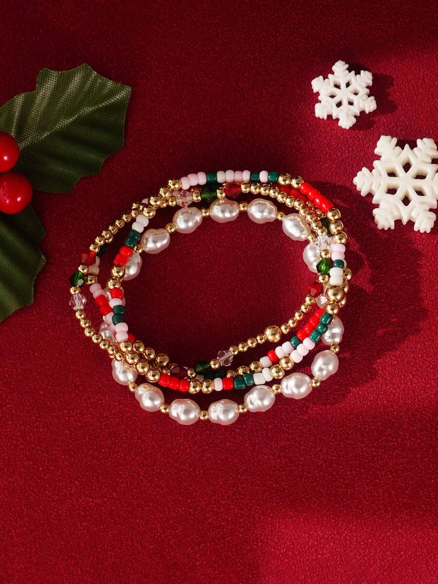 4pcs Exquisite Christmas Colorful Beads Faux Pearl Multi-Layer Elastic Bracelet Set Suitable For Women Daily Wear, Holiday Party, Christmas Gift - Multicolor - View 1