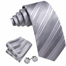 5Pcs Men Light Grey Striped Tie Accessories Set Pocket Square Cufflinks Tie Clip Ring For Prom Banquet Holiday - Light Grey - View 3