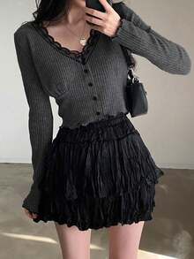Women's Short V-Neck Long Sleeve T-Shirt, Contrast Lace Trim Ribbed Fabric, Slim Fit Autumn Top - Dark Grey - View 5
