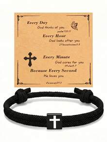 1pc Cross Bracelet For Women Men, Adjustable Braided Rope Cord Wristband, Christian Faith Religious Jewelry, Bible Verse Card, Baptism Birthday Gift - Black - View 7