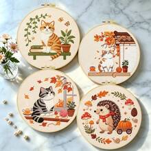 1PC 15*15cm/5.9*5.9in 20*20cm/7.9*7.9in,Cats And Hedgehogs In Autumn Embroidery Kit, DIY Handmade Embroidery Set For Adult Beginners, Home Gift, Women's Sewing Gift, Including User Manual, Printed Pattern Fabric, Embroidery Frame, Needle And Thread. - 20X20CM - View 3
