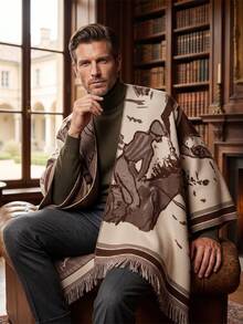 Men's Vintage Sketch Portrait Jacquard Knit Cardigan Poncho Shawl, Autumn/Winter Warm Blanket-Style Outerwear With Tassel Hem, Casual Split Jacket "Poncho" - Multicolor - View 3