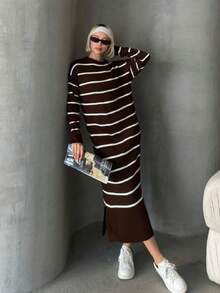 Sweater Dress; Women Striped Pattern Drop Shoulder Polo Neck, 26 Fall/ Winter New - Brown - View 6