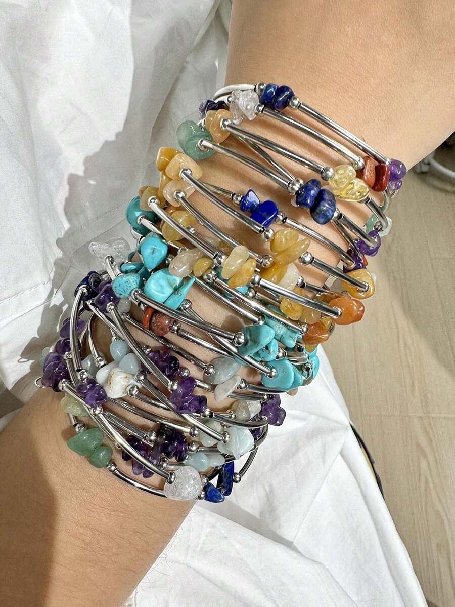 新款彩色多巴胺碎石開口手鐲,活力Y2K女款飾品,適合夏季購物,百搭日常與度假穿搭 - 彩色 - 查看 1