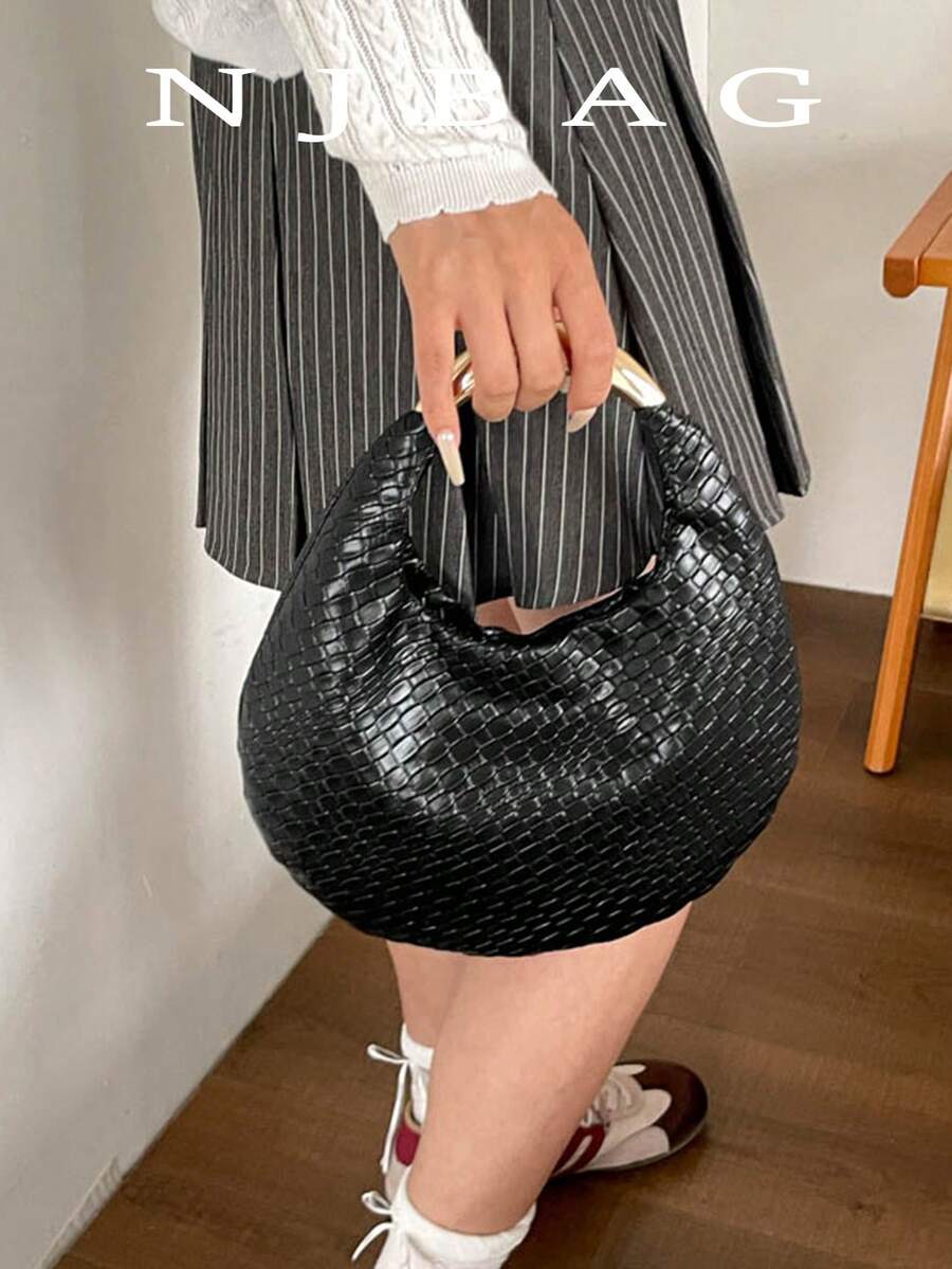 編織紋理石紋女款極簡包，時尚純色單肩包，拉鍊半月形手提包/錢包