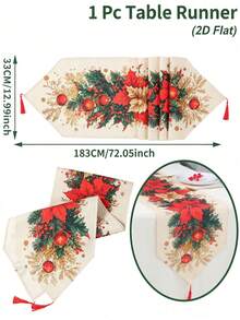 1件裝聖誕亞麻波斯菊桌旗帶流蘇，183*33cm聖誕桌布，紅金波斯菊與冬青莓果圖案，桌布，聖誕快樂，聖誕裝飾，聖誕裝飾，聖誕裝飾，聖誕餐桌裝飾，廚房餐桌裝飾，節日餐桌中心裝飾，節日派對裝飾，冬季家居裝飾，室內外通用 - 彩色 - 查看 11