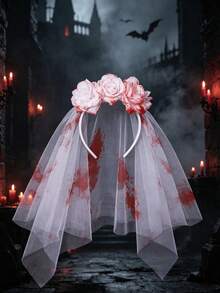 1pc Blood Red Flower Veil Headband, Halloween Bride Costume Hair Accessory, Dark Atmosphere Escape Room Photo Prop - 42831 - View 4