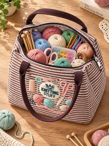 Printed With Yarn, Scissors And Knitting Needles, This Handbag Can Store Sewing Tools, Cosmetics And Small Personal Items. Multiple Fresh Striped Color Combinations, Suitable For Handmade Enthusiasts And Commuters, Artistic Handmade Healing Style, Perfect As A Practical Creative Gift For Girls Who Love Knitting And Sewing - Multicolor - View 5