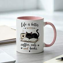 Life Is Better With Coffee, Cats And Books Coffee Mug, Black Cat Reading Books Pattern Ceramic Cup, Creative Birthday Holiday Gift For Cat Lovers, Book Enthusiasts, Bookworms - Multicolor - View 6