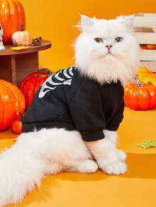 LUCKIE PAW 1pc Halloween Silver Skeleton Ribs Funny Pattern Pet Hoodie, Physical Flea Prevention, Reduce Shedding, Warm & Breathable Dog Vest, Suitable For Large And Small Dogs And Cats, Indoor And Outdoor - Black - View 4