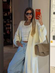 FOR BEAUTY Fall Winter Women Sweaters Y2K Cozy White Longline Open Front Cardigans Ribbed Knit Loose Drop Shoulder Daily Office Casual Clothes - White - View 2
