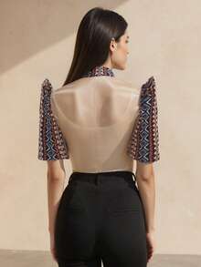 1pc Women's Fashion Translucent Patchwork Fabric Stand Collar Design Elegant Petal Sleeve Top - Champagne - View 2