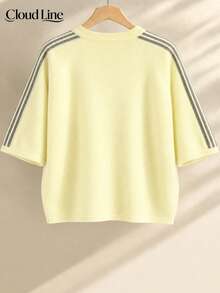 Plus Size Fall Winter Striped Raglan Sleeve Sweater, Crew‑Neck 3/4 Sleeve Loose Fit Daily Commuter Knit Top For Curvy Ladies - Pale Yellow - View 4