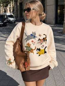 Women's Autumn/Winter New Cute Cat Embroidery & Print Casual Crew Neck Fashion Versatile Sweatshirt - Apricot - View 3