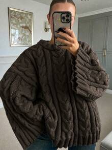Joy Knit 女款針織毛衣 秋冬時尚新款 百搭上衣 優雅極簡休閒百搭 粗繩編織圓領寬袖口套頭毛衣針織上衣 適合辦公穿搭 外出聚會 派對 節慶 生日 海灘 - 黑咖啡 - 查看 3