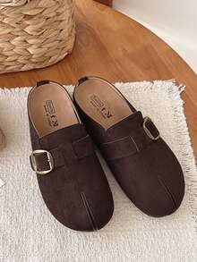 Women's Coffee Brown Suede Split Toe Mule Shoes With Buckle Strap, Thick Sole, Comfortable Casual Loafers For Daily Wear, No Back - Coffee Brown - View 2