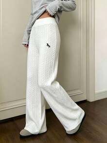 Fall/Winter Embroidered Cable-Knit Flared Pants,Daily Commute Casual Elegant White Embroidered Pony Logo Loose-Fitting Flared Pants - White - View 4