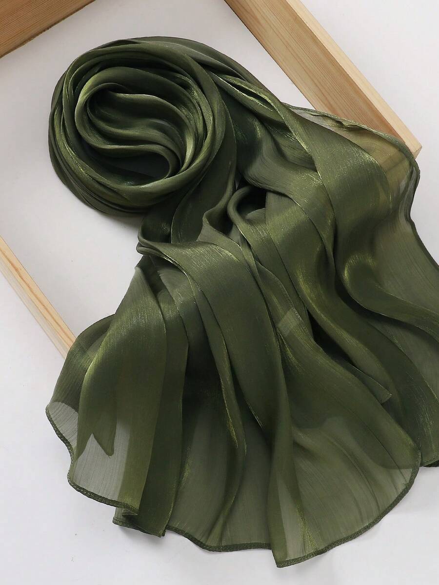 1件女款時尚頭巾，優雅百搭，適合日常休閒生活，亮面皺褶穆斯林希賈布圍巾，簡約純色百褶透氣頭巾 - #12軍綠色 - 查看 1