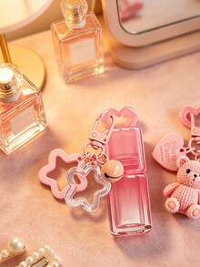 Pink Heart-Shaped Hollow Lipstick Tube Keychain, Portable Lipstick Bottle With Pink Bear, Flower And Bell Keychain Pendant, Backpack Decoration - Multicolor - View 2