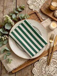 2/6/12pcs Vintage Ins Style Green & White Striped Lightweight Napkins, Multi-Purpose Dust Cover Cloth, Placemats, Reusable For Holiday, Wedding, Party, Afternoon Tea, Western Restaurant, Kitchen, Coffee Shop - Dark Green - View 2