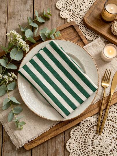 2/6/12pcs Vintage Ins Style Green & White Striped Lightweight Napkins, Multi-Purpose Dust Cover Cloth, Placemats, Reusable For Holiday, Wedding, Party, Afternoon Tea, Western Restaurant, Kitchen, Coffee Shop