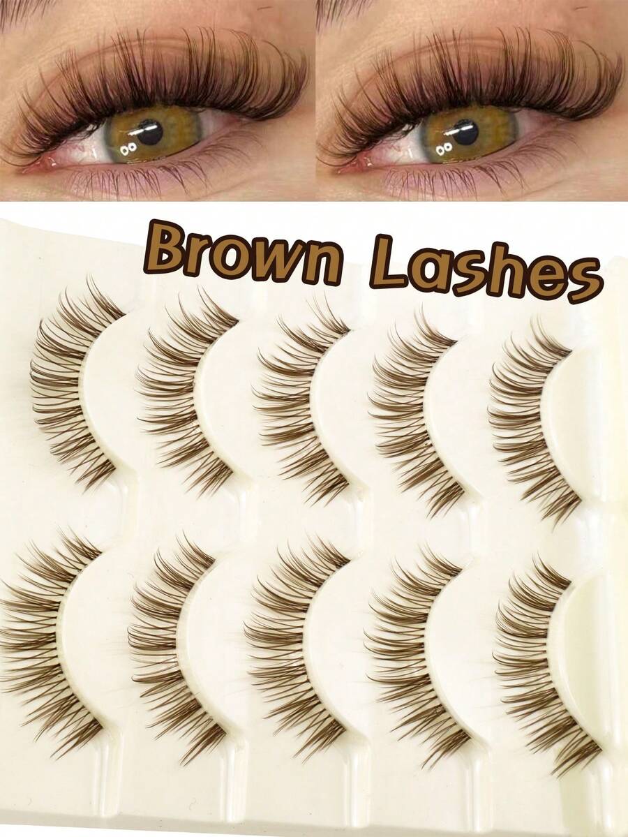 5 Pairs Brown Natural Long Fluffy Curly 3D Transparent Stem Faux Eyelashes, Comfortable Lightweight One-Piece Soft Fur Material, Sweet Big Eye Style, Korean & Japanese Inspired - Brown - View 1