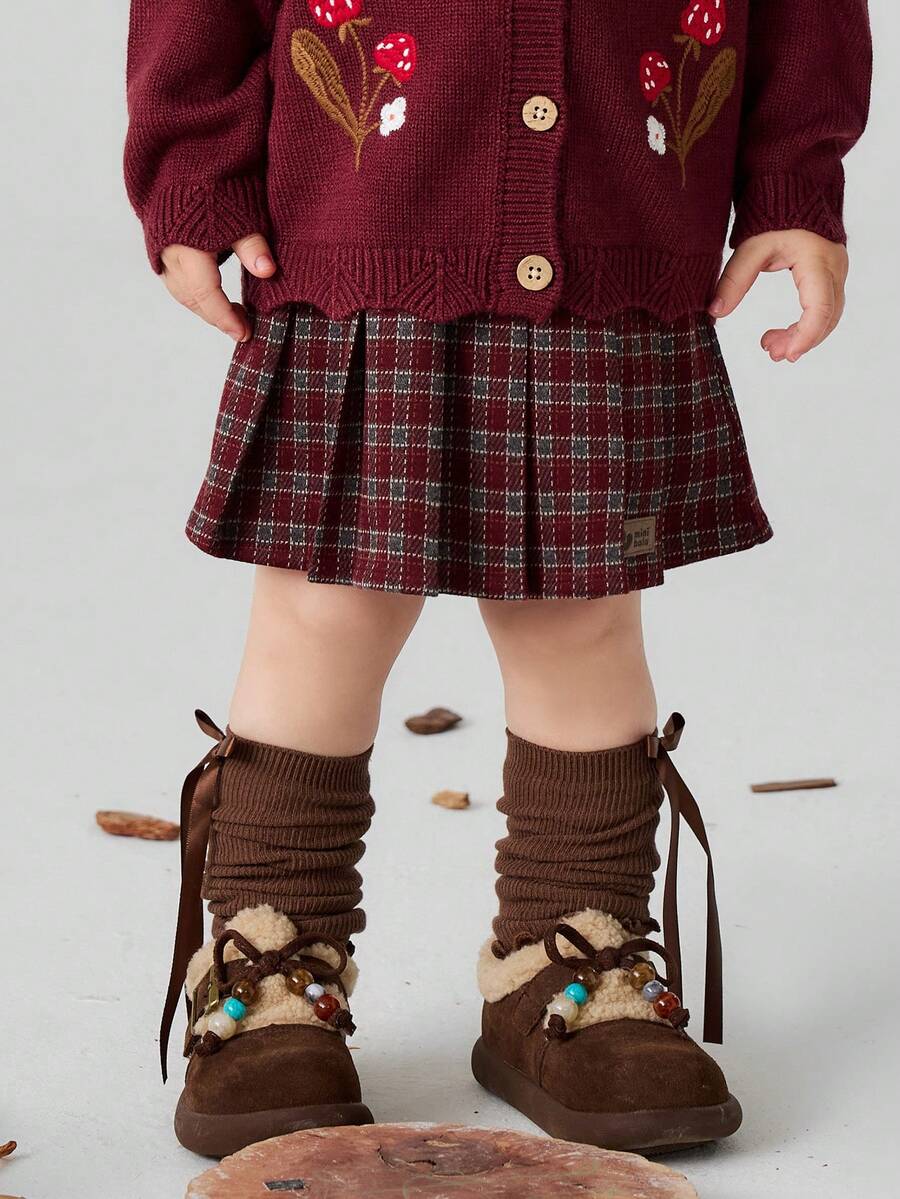 mini bala Girls Preppy Plaid Pleated A‑Line Skirt Thick Structured Bottoms For Young Girl Winter Daily Wear - Red Hue - View 1