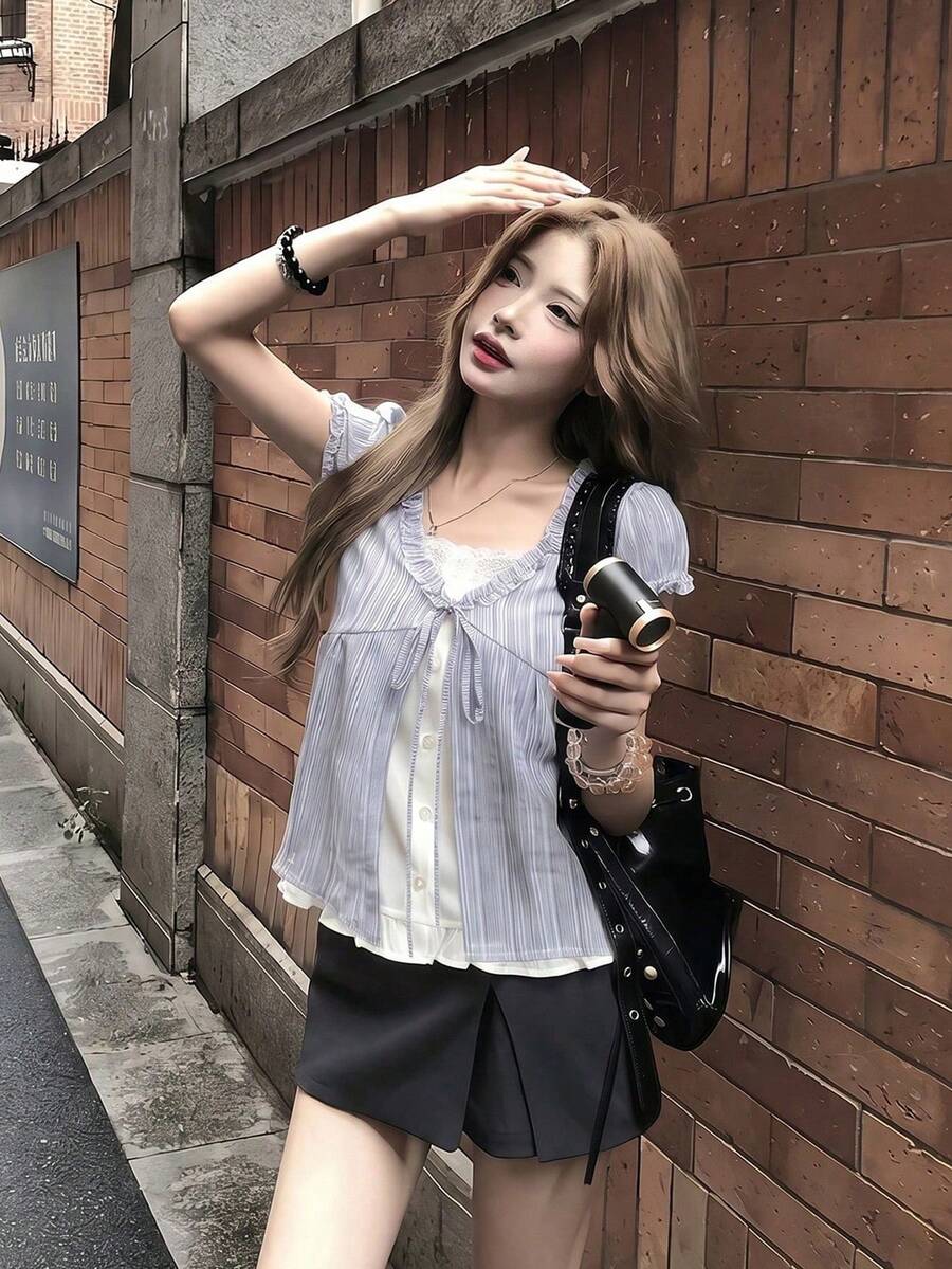 Refreshing Tie-Up Women's Summer Blue Striped Design Loose Ear-Side 2 In 1 Short Sleeve Top Blouse - Blue - View 1