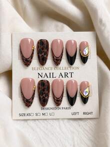 24pcs Autumn/Winter Atmosphere Leopard Print Press-On Nails Black Edge French Style Colorful Rhinestone Gold Bead Medium Long Almond Fake Nails - Multicolor - View 7