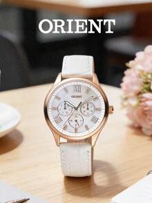 Orient Women's Watch SSW05002W0 Luxury Rose Gold Case, Natural Mother Of Pearl Dial Diamond Accents, White Genuine Leather Strap Elegant Quartz Wristwatch - White - View 3