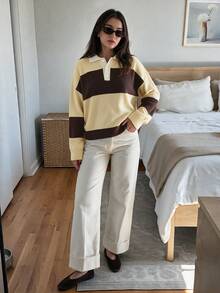NOVELLE Women Loose Lagenlook Polo Neck Beige Brown Striped Fall Winter Knit Sweater For Date Party Daily Commute Outing Back To School - Multicolor - View 3