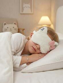 1 buah Masker Mata Tidur Anak & Remaja Berbahan Plush Motif Kucing dengan Pita, Ringan, Penutup Mata Anti Cahaya untuk Tidur Siang, Perjalanan, Menghalangi Cahaya - Berwarna merah muda - View 8