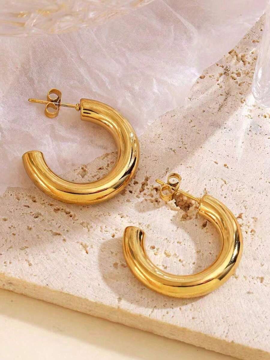 Same-Day Shipping Stainless Steel Hollow C-Shaped Earrings, Suitable For Women's Daily Wear, Exclusive Limited Edition Christmas Stocking Stuffer Gift - Gold - View 1