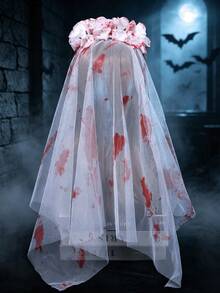 1pc Blood Red Flower Veil Headband, Halloween Bride Costume Hair Accessory, Dark Atmosphere Escape Room Photo Prop - 42831 - View 5