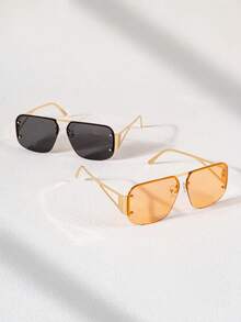 Women Rimless Square Sunglasses, Hollow Cutout Metal Temple Fashion Shades, Rivet Decor Oversized Eyewear For Beach Daily - Multicolor - View 4