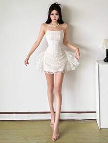 Women's Sexy Strapless Sleeveless Backless Short A-Line Fitted Knit Party Dress - White - View 1