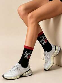 1 Pair Halloween Black & Red Colorblock Skull Rose Mid-Calf Socks For Men Women Couples - Black - View 11