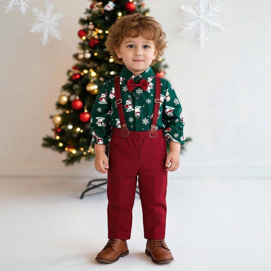 Little Boy Gentleman Style Outfit Set, Cartoon Bear Print Long Sleeve Shirt With Adjustable Suspenders Pants, Cute 2 Pieces Set - Multicolor - View 1