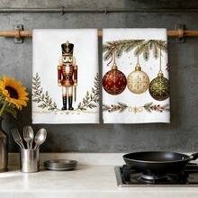 2pcs Christmas Kitchen Towel Set, Nutcracker & Christmas Ball Print Holiday Home Kitchen Decor Hand Towels, Holiday Gift - White - View 8