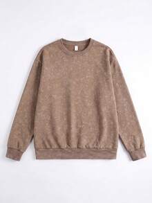 1pc Women's Solid Color Washed Loose Crew Neck Sweatshirt, Versatile American Casual Pullover, Suitable For Travel, Gatherings And Daily Wear - Brown - View 3