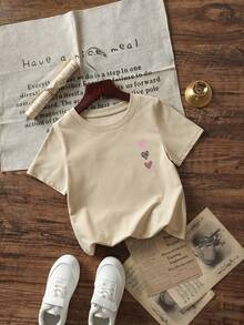 Baby GirlMinimalist Plaid Graffiti & Letter Print Round Neck Short Sleeve Cute Top - Apricot - View 5