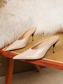 Sexy Fashionable Pointed Toe Low Vamp Metal Heel Mule Women's Apricot High Heels - Apricot - View 5