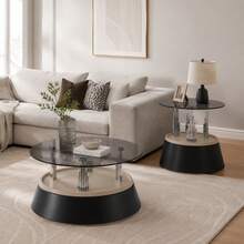 Set Of 2 Coffee Tables With Glass Top - Modern Stackable Design For Living Room, Tempered Glass, Metal Frame, Space-Saving, Approx. - Black + Glass+Metal - View 3