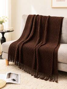 1pc Solid Color Knitted Blanket, Nordic Style Tassel Design Soft Blanket, Office Nap Blanket, Bed Cover, Sofa Throw, Suitable For Daily Use - Bubble Towel Coffee - View 2