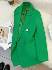 Spring/Summer Women's Solid Color Long Sleeve Double-Breasted Blazer, Notched Collar | Suitable For Dating, Parties, Outings And Holiday Celebrations - Emerald Green - View 4