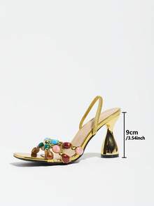 Women's Fashion Sexy Square Toe High Heel Sandals, Colorful Rhinestone Decor Design, Hollow Cross Strap Gorgeous Asymmetric Heel Mule Shoes, Open Toe Party Gold High Heels - Gold - View 3