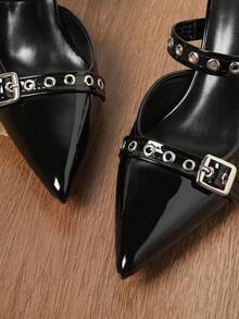 Women's One-Strap Summer Outdoor Slip-On Sandals Anti-Slip Pointed Toe High Heel Thin Heel Rivet Closed Toe Sandals - Black - View 7